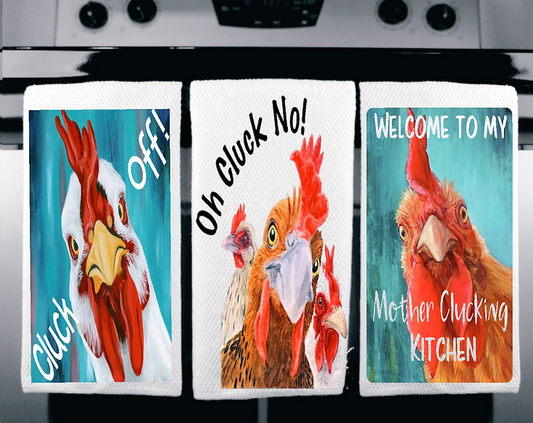 Oh Cluck No! Chicken and Rooster Themed Microfiber Kitchen Towel